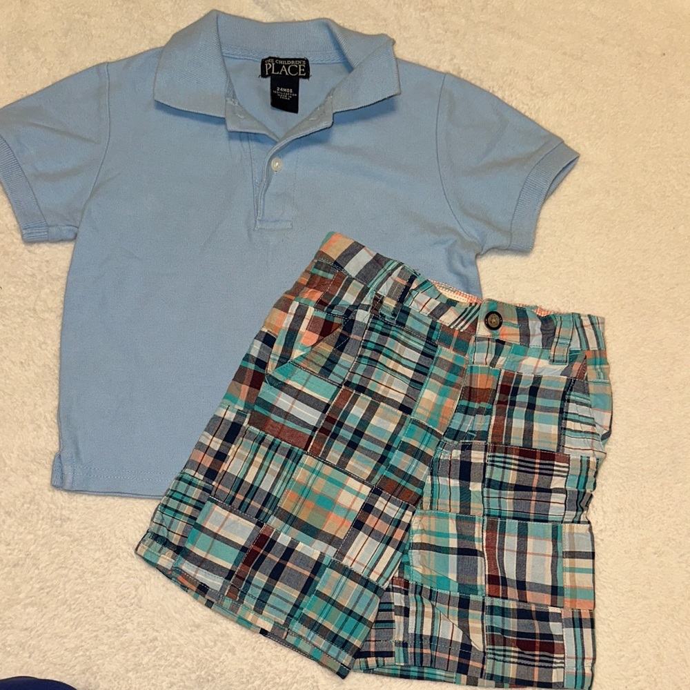 VINTAGE TCP CHILDREN’S PLACE PLAID PATCHWORK TURQUOISE SHORTS & POLO SHIRT 24